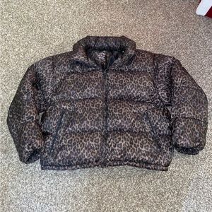 Womens American Eagle Leopard Print Bomber Puffer Coat Size Large